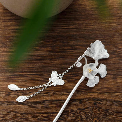 Ginkgo leaf with Jade and Butterfly Tassel S925 Silver Plated Hairpin Chinese Hanfu Style Hair Sticks Hair Clip Hair Accessories for Women(Ginkgo leaf) - color: Ginkgo leaf