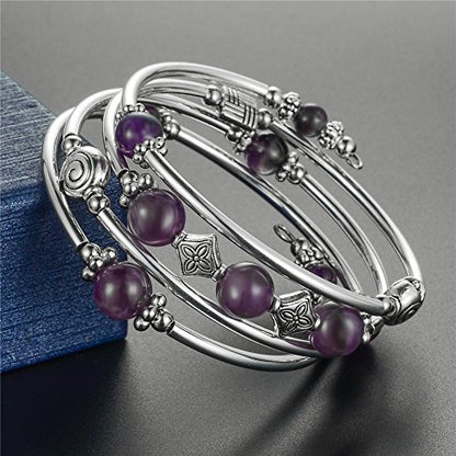Beaded Pearl Bangle Wrap Bracelet - Fashion Bohemian Jewelry Multilayer Charm Bracelet with Thick Silver Metal Beads, Gift For Women - color: Purple
