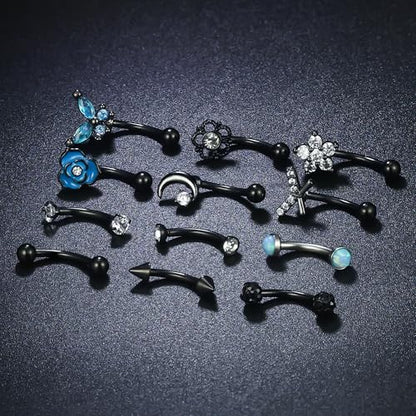 Rook Daith Piercing Jewelry 16G Stainless Surgical Steel Curved Barbell Eyebrow Rings Vertical Labret Lip Piercing Jewelry Rook Daith Earrings for Women Men 6MM 8MM 10MM Hypoallergenic - color: Black Tone