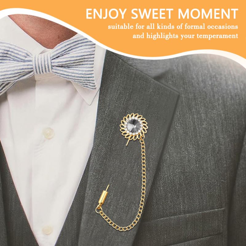 Mens Sunflower Lapel Pin Crystal Rhinestone Brooches for Men Hanging Chain Brooch Suit Pin Flower Lapel Pins for Men Wedding Business Party - color: Grey