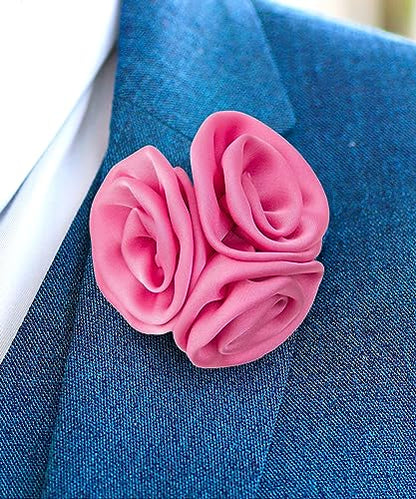 Premium Trio Cluster Flower Lapel Pin - Formal Boutonniere for Men, Flower Brooch Pin - color: Pink