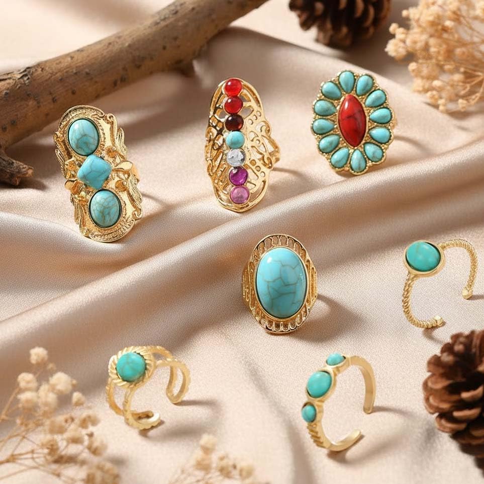 Chunky Gold Rings for Women Non Tarnish, Baroque Pearl Flower Tiger's Eye Stone Rings Adjustable Stacking Statement Rings Set Fashion Jewelry Gifts - style: Turquoise/red/colorful