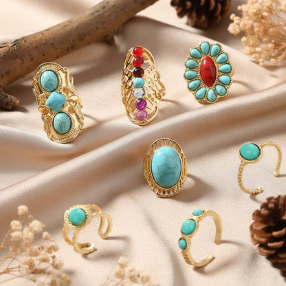 Chunky Gold Rings for Women Non Tarnish, Baroque Pearl Flower Tiger's Eye Stone Rings Adjustable Stacking Statement Rings Set Fashion Jewelry Gifts - style: Turquoise/red/colorful