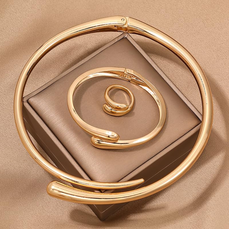 Round Teardrop Necklace Bracelet Ring Jewelry Set Gold Plated Chunky Statement Jewelry Set for Women Simple Elegant Jewelry - color: gold
