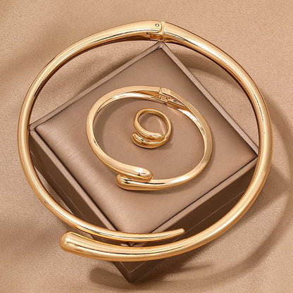 Round Teardrop Necklace Bracelet Ring Jewelry Set Gold Plated Chunky Statement Jewelry Set for Women Simple Elegant Jewelry - color: gold