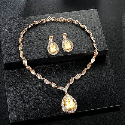 Womens Luxury Africa Dubai 18k Gold Plated Jewelry Sets Wedding Rhinestone Crystal Bib Statement Necklace Earrings Set for Brides Party Prom - color: Champagne