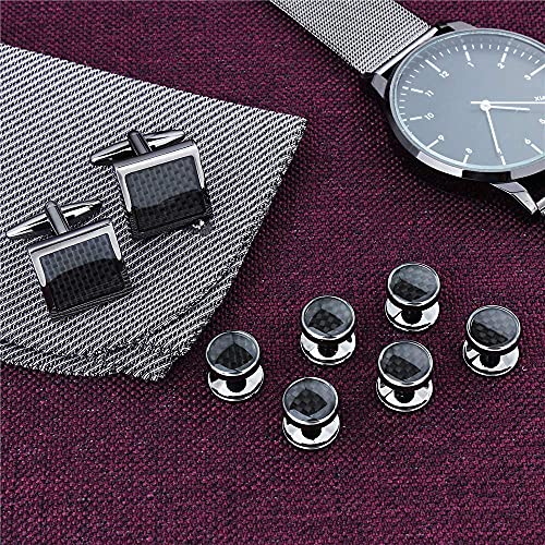Mens Cufflinks and Tuxedo Studs Set in Gift Box (Carbon Fiber), Jewelry or Accessories in Gold Silver Black Tone, Matching with Shirts Vest and Bow tie, Suitable for Birthday Wedding Anniversary - color: Black / Gun Plated