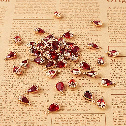 FASHEWELRY 50Pcs Faceted Transparent Glass Teardrop Pendants Crystal Glass Dangle Oval Drop Bead Charms with Golden Flower Open Back Settings for Jewelry Craft Making - color: Red