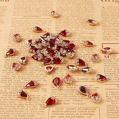 FASHEWELRY 50Pcs Faceted Transparent Glass Teardrop Pendants Crystal Glass Dangle Oval Drop Bead Charms with Golden Flower Open Back Settings for Jewelry Craft Making - color: Red