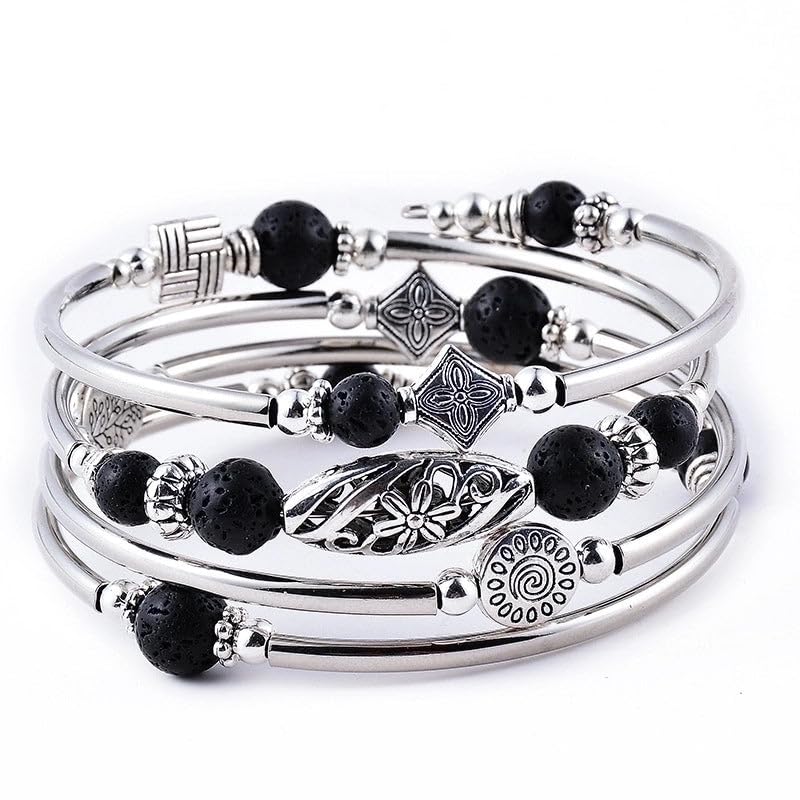 Boho Wrap Beaded Bracelet for Women – Handmade Natural Stone Jewelry – Stainless Steel Adjustable Ethnic Chic Gift - color: Volcano Rock