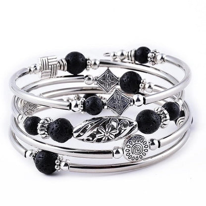 Boho Wrap Beaded Bracelet for Women – Handmade Natural Stone Jewelry – Stainless Steel Adjustable Ethnic Chic Gift - color: Volcano Rock