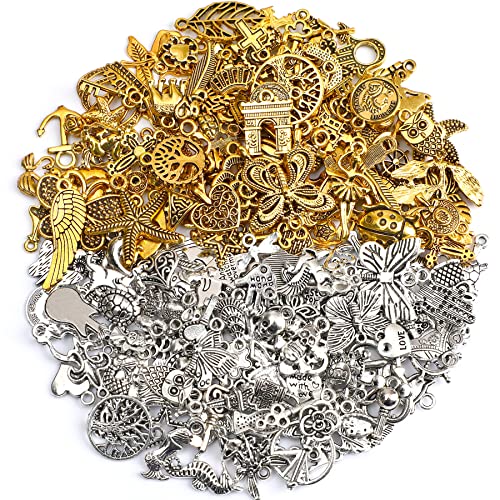 SANNIX 200Pcs Bulk Jewelry Making Charms Tibetan Antique Silver Gold Charm | Pendants for DIY Bracelet Necklace Making Crafts - color: Gold Silver