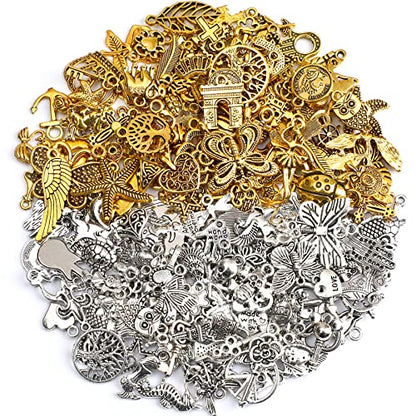 SANNIX 200Pcs Bulk Jewelry Making Charms Tibetan Antique Silver Gold Charm | Pendants for DIY Bracelet Necklace Making Crafts - color: Gold Silver