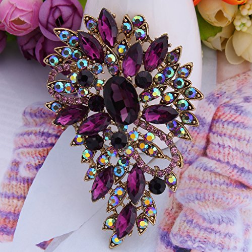 EVER FAITH Women's Austrian Crystal Wedding Flower Leaf Bouquet Brooch - color: Purple
