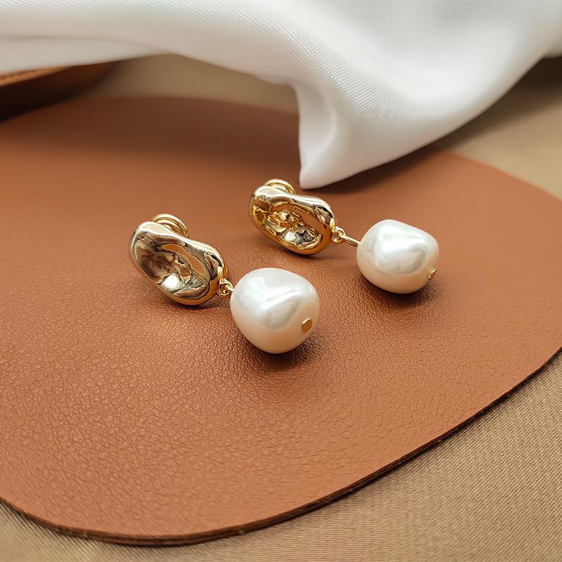 18K Gold Plated Clip-On Pearl Drop Earrings – Elegant Faux Baroque Pearl Dangle for Non-Pierced Ears, Vintage Style Jewelry