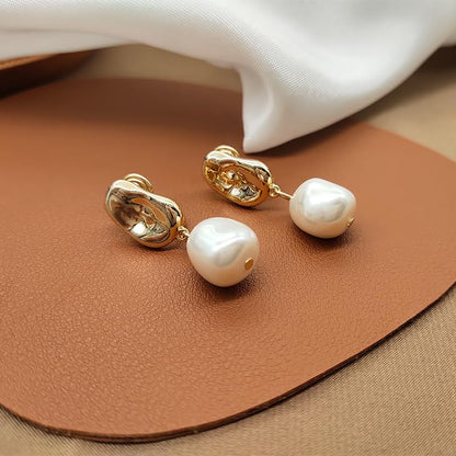 18K Gold Plated Clip-On Pearl Drop Earrings – Elegant Faux Baroque Pearl Dangle for Non-Pierced Ears, Vintage Style Jewelry