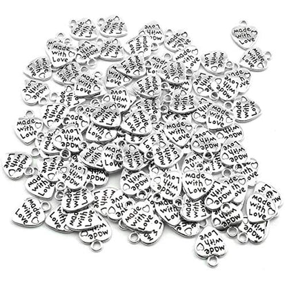 heyous 100pcs Heart Shape Charms Handmade Metal Labels Printed Made With Love Tag Labels Carving DIY Craft Necklace Bracelets Keychain Jewelry Making Findings Accessories Ancient Silver