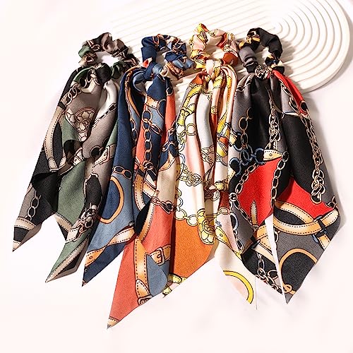 LFOUVRE 4pcs Chain Satin Hair Accessories - Ribbon Scrunchies with Long Tails, Knotted Hair Bands and Elastic Ties for Girls - color: Green Pink Navy Red