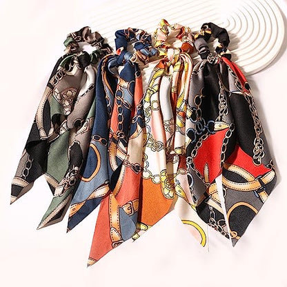 LFOUVRE 4pcs Chain Satin Hair Accessories - Ribbon Scrunchies with Long Tails, Knotted Hair Bands and Elastic Ties for Girls - color: Green Pink Navy Red
