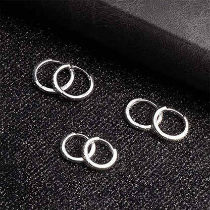 3 Pairs 925 Sterling Silver Small Hoop Earrings for Women Men | Cubic Zirconia, 14K White Gold Plated Huggie Hoop Earrings, Hypoallergenic - style: D-silver 6/8/10mm