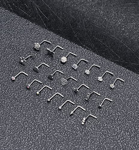 Akeoqi 29Pcs 20G Nose Ring Studs Nose Ring Hoops Stainless Steel L Bone Screw Shape CZ Butterfly Snake Star Heart Moon Shape Nose Piercing Jewelry for Women Silver Tone - style: B:29Pcs(Moon)