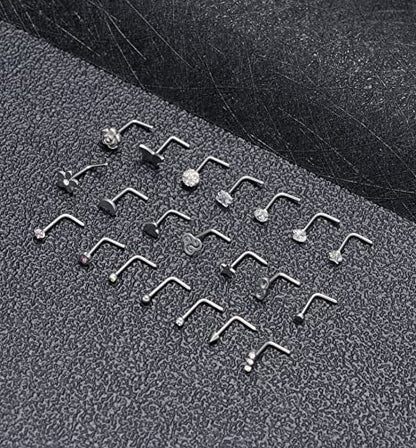 Akeoqi 29Pcs 20G Nose Ring Studs Nose Ring Hoops Stainless Steel L Bone Screw Shape CZ Butterfly Snake Star Heart Moon Shape Nose Piercing Jewelry for Women Silver Tone - style: B:29Pcs(Moon)