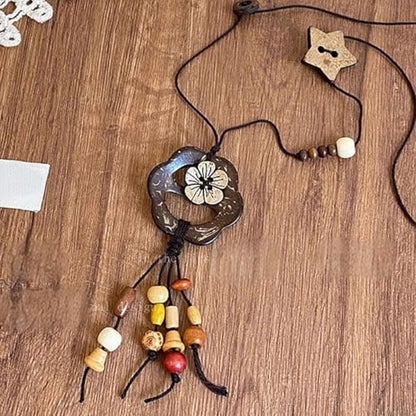 Boho Necklace for Women Long Layered Wooden Leather Leaf Pendant Statement Necklace Vintage Boho Jewelry - style: Flower B