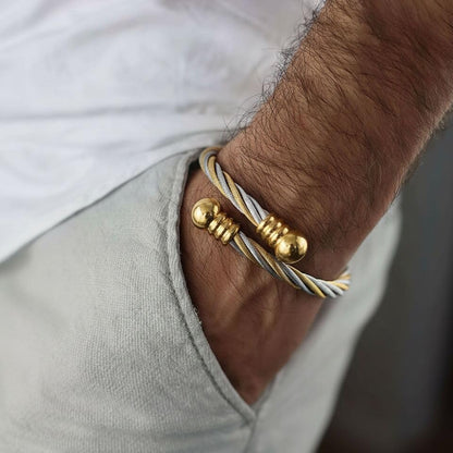 COOLSTEELANDBEYOND Elastic Adjustable Steel Twisted Cable Cuff Bangle Bracelet for Mens for Women - color: A-Metal Color: Silver & Gold-01