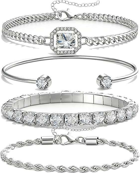 Alegend 14K Gold Plated Stackable Multilayer Bracelets + Titanium Steel(Not Rust, Resist Corruption, Easily Clean) 18K Gold Plated Single Bracelets - color: 14K Silver + 4PCS A