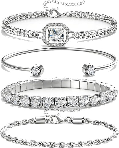Alegend 14K Gold Plated Stackable Multilayer Bracelets + Titanium Steel(Not Rust, Resist Corruption, Easily Clean) 18K Gold Plated Single Bracelets - color: 14K Silver + 4PCS A