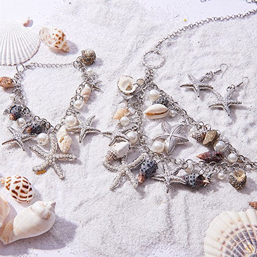PH PandaHall Mermaid Jewelry Accessories for Women, Starfish Necklace Bracelet Boho Seashell Jewelries Ocean Beach Bib Statement Necklace Earrings for Summer Cosplay Holiday (Platinum) - color: bracelet & necklace & earrings + Gift Box