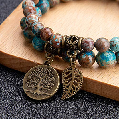 Bivei Natural Semi Precious Gemstone beads bracelet for women - Life Tree and Leaf Charm Energy Reiki Crystal Stretch Bracelets - color: Blue Lace Agate Bracelet Set, size: Medium:6.8-7.24inch