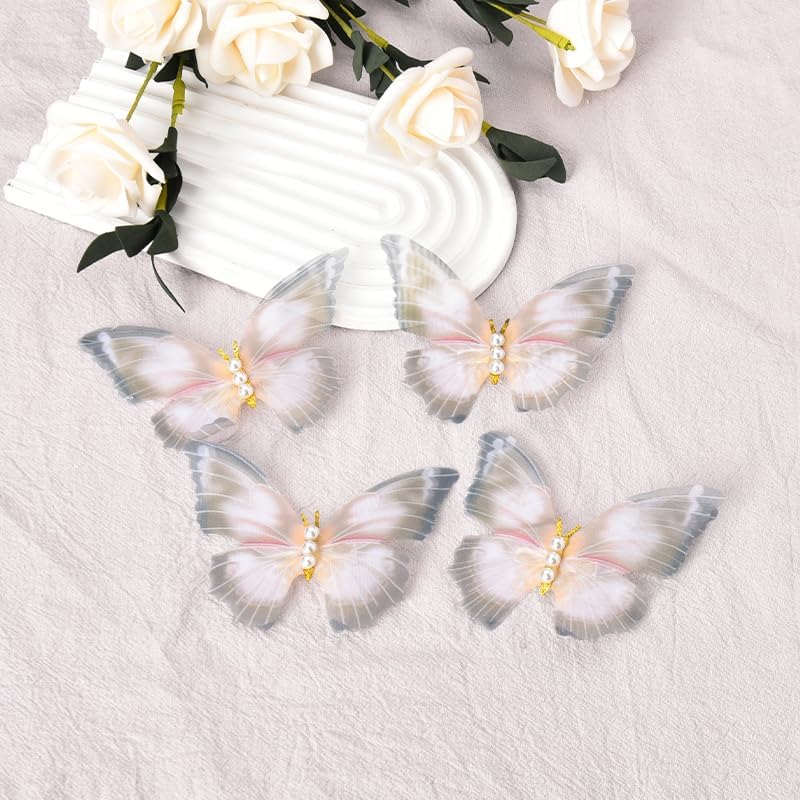 Butterfly Hair Clips Pins for Girls Faux Pearl Butterfly Hair Barrettes Double Layer Glitter Butterfly Clips Fairy Hairpin Cute Butterfly Snap Hair Clip Retro Hair Accessories for Women (4Pcs)
