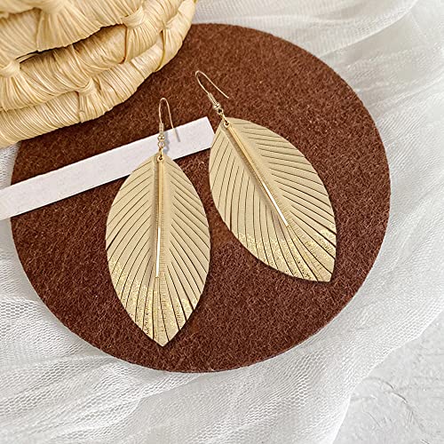 Bohemian Handmade Lightweight Color Large Genuine Soft Leather Fringe Feather Leaf Tear Dangle Drop Earrings for Women Statement - color: 2-Off white