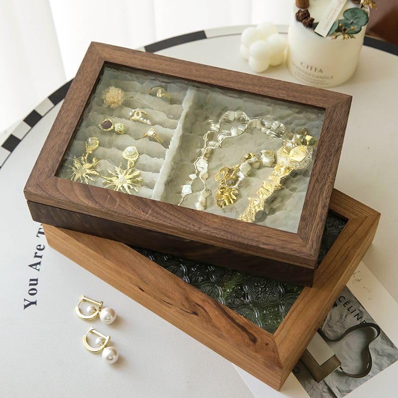 Wooden Jewelry Box with Glass Lid, Multi-Compartment Jewelry Display Case, Green Velvet Lining, Cherry Wood - color: Green Velvet Lining, Cherry Wood