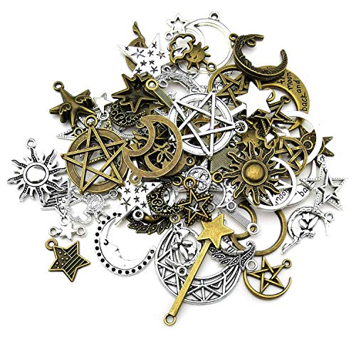 100g(About 76pcs) Craft Supplies Small Antique Bronze Silver Sun Moon Star Charms Pendants for Jewelry Making Findings Crafting Accessory for DIY Necklace Bracelet (M206) - color: Sun Star Moon