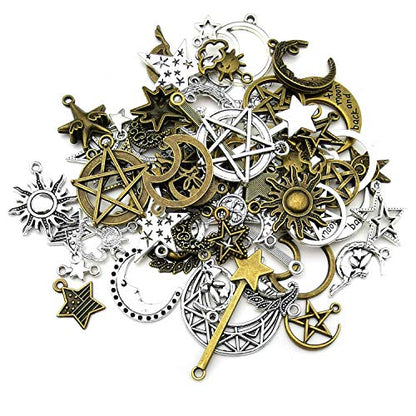 100g(About 76pcs) Craft Supplies Small Antique Bronze Silver Sun Moon Star Charms Pendants for Jewelry Making Findings Crafting Accessory for DIY Necklace Bracelet (M206) - color: Sun Star Moon