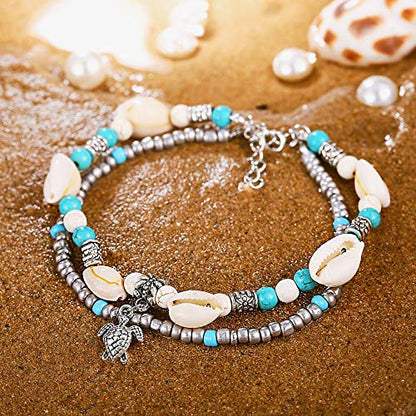 Softones Blue Starfish Turtle Anklet Multilayer Charm Beads Sea Handmade Boho Anklet Foot Jewelry for Women - style: A:Turtle 3
