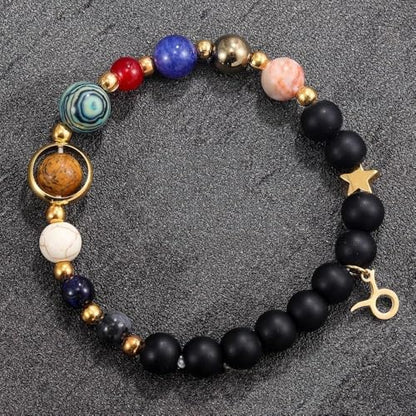 Solar System Planet Bead Zodiac Sign Stretch Bracelet for Men Women | Matte black beads with solar system planet stones, unisex design, perfect birthday holiday gift for men women - color: taurus