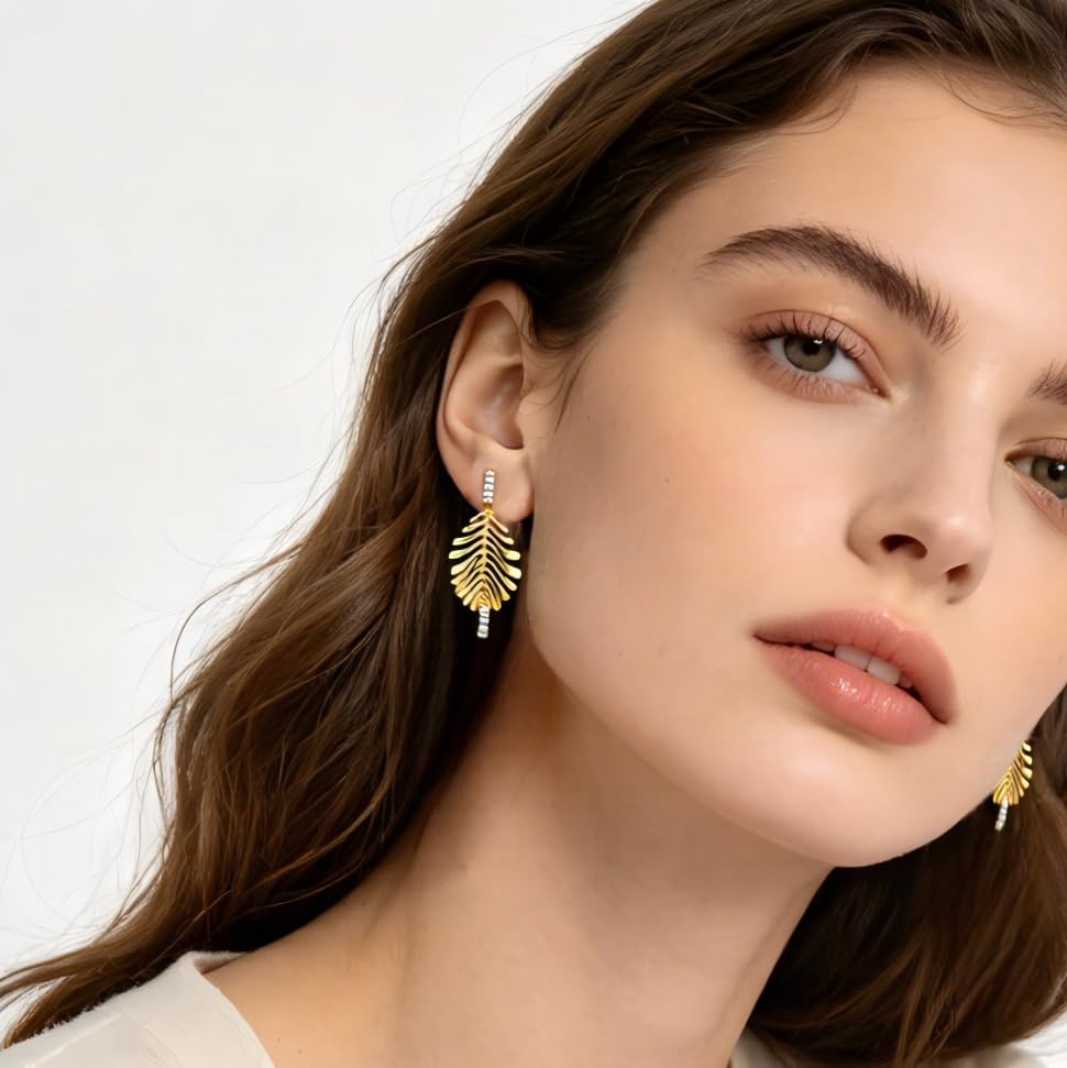 Sylph 14K 18K Gold Plated Chandelier Earrings for Women, Long Tassel Earring Huggie, Silver Leaf Dangle Drop Earrings, Dainty Bohemian Jewelry Gifts for Wedding Everyday Wear - color: D-Lightweight Feather Earrings Gold Plated