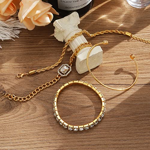 4 Pcs Dainty Gold Silver Bracelets Set for Women 14K Plated Link Cubic Zirconia Paperclip Stake Layering Chain Adjustable Trendy Hand Jewelry - color: Golden