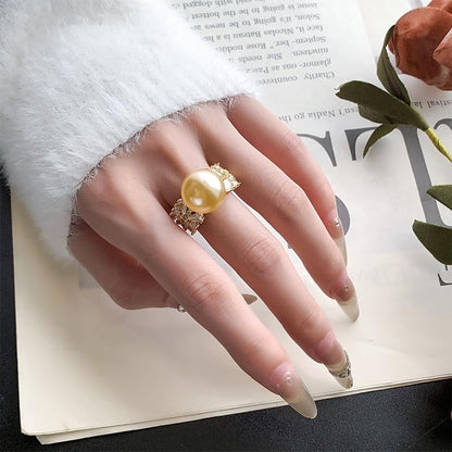 Double Side Butterfly Crystal Bezel Faux Pearl Open Ring, White Gray Gold Two Tone Silver Gold Luxury Evening Cocktail Ring for Women (white)