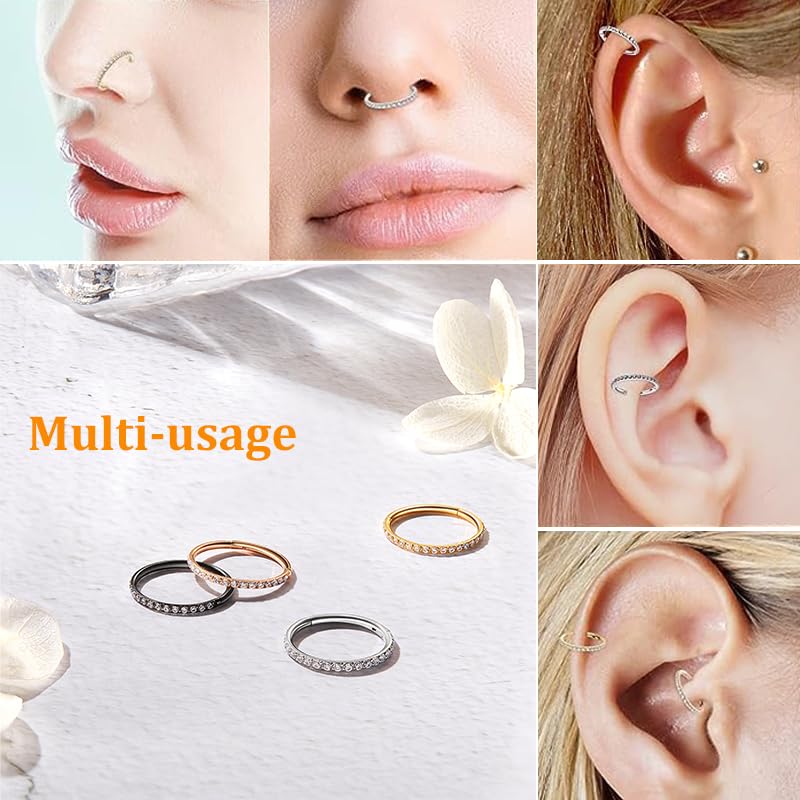 MissNity 20G, 18G, 16G, 14G Hinged Nose Rings Hoop with Gem in 316L Surgical Steel, Septum Clicker Cartilage Earrings Conch Daith Helix Rook Ear Lobe Piercing Jewelry, Diameter 6mm to 12mm - color: 06: Steel - Blue CZ