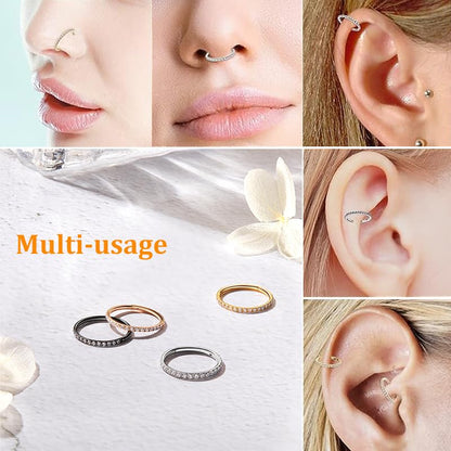 MissNity 20G, 18G, 16G, 14G Hinged Nose Rings Hoop with Gem in 316L Surgical Steel, Septum Clicker Cartilage Earrings Conch Daith Helix Rook Ear Lobe Piercing Jewelry, Diameter 6mm to 12mm - color: 06: Steel - Blue CZ