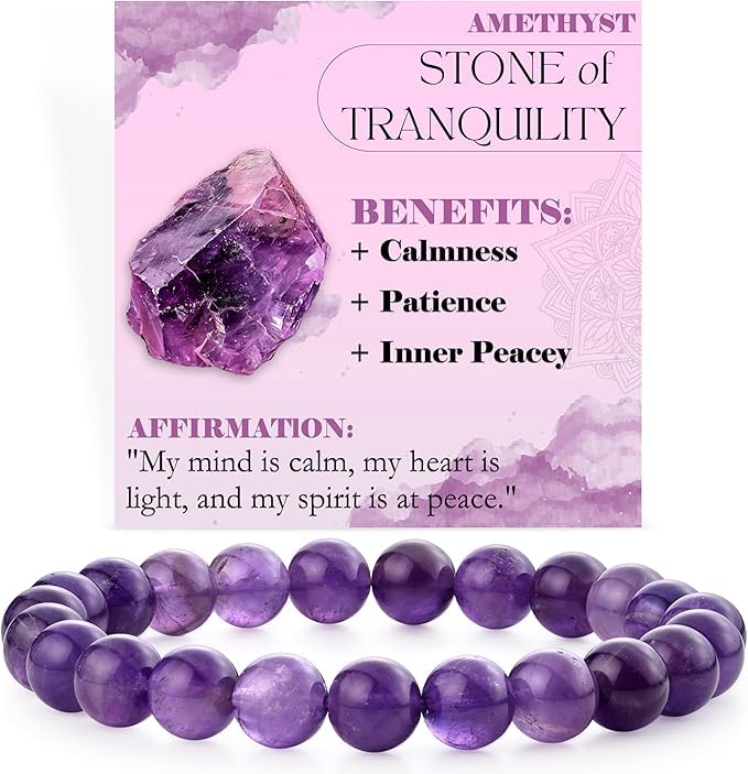 Bivei 8mm Beaded Bracelets for Women Handmade Semi Precious Natural Stone Stretch Elastic Jewelry Yoga Protection Gifts - color: Amethyst - Tranquility, size: Small 6.5-6.7 inch