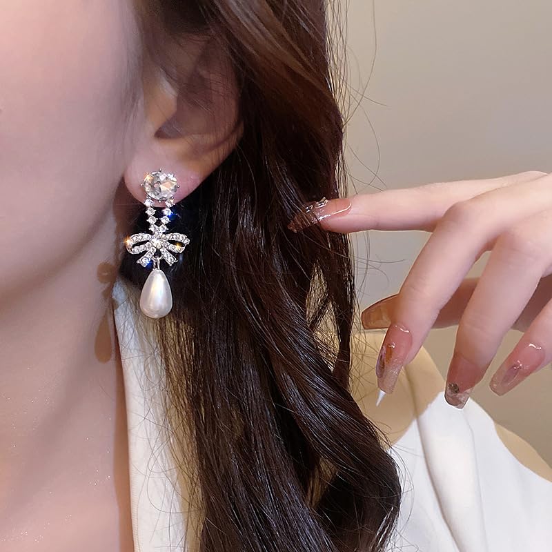 Pearl Bow Earrings for Women Coquette Aesthetic Jewelry Rhinestone Bow Earrings for Bridesmaids Wedding Party Accessories Bridal Costume Accents Bowknot Themed Gifts - color: T: Rhinestone Bow Pearl Earrings