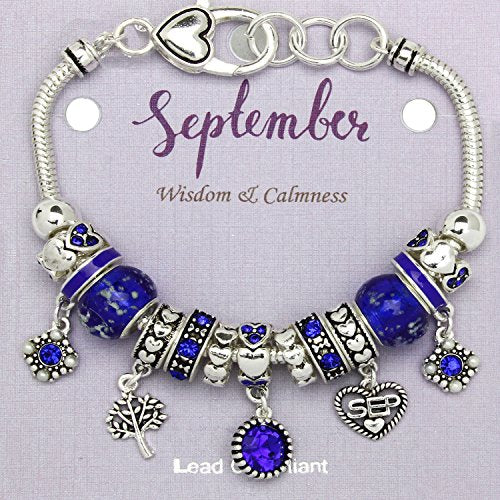 Falari Birthstone Bracelet Multi-Color Charm Beads Silvertone Birthday Gifts for Women - color: 09-September