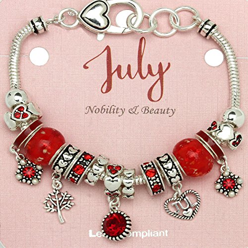 Falari Birthstone Bracelet Multi-Color Charm Beads Silvertone Birthday Gifts for Women - color: 07-July