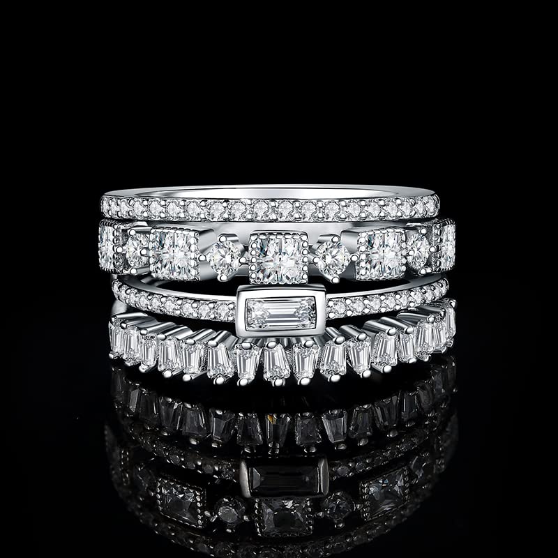 JewelryPalace Princess Emerald Cut CZ Stackable Wedding Ring Eternity Bands for Women, Cubic Zirconia 925 Sterling Silver 14k Yellow Rose Gold Plated Promise Ring for Her, 4pc Anniversary Ring Sets - color: P-1Pc-Emerald Cut-Sterling Silver