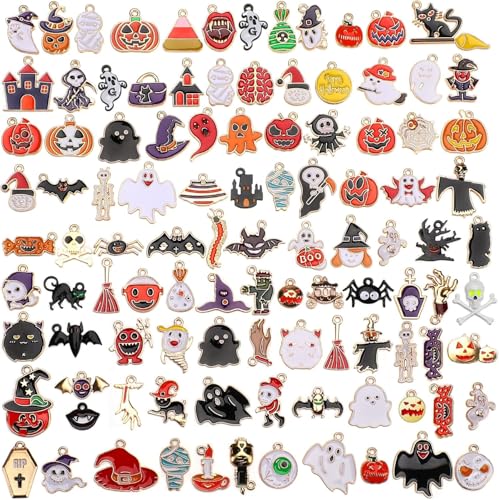 SANNIX 110Pcs Halloween Charms Gold Enamel Jewelry Making Charms | for Halloween Bracelet Necklace Making and Decoration Accessories - style: Halloween Charms